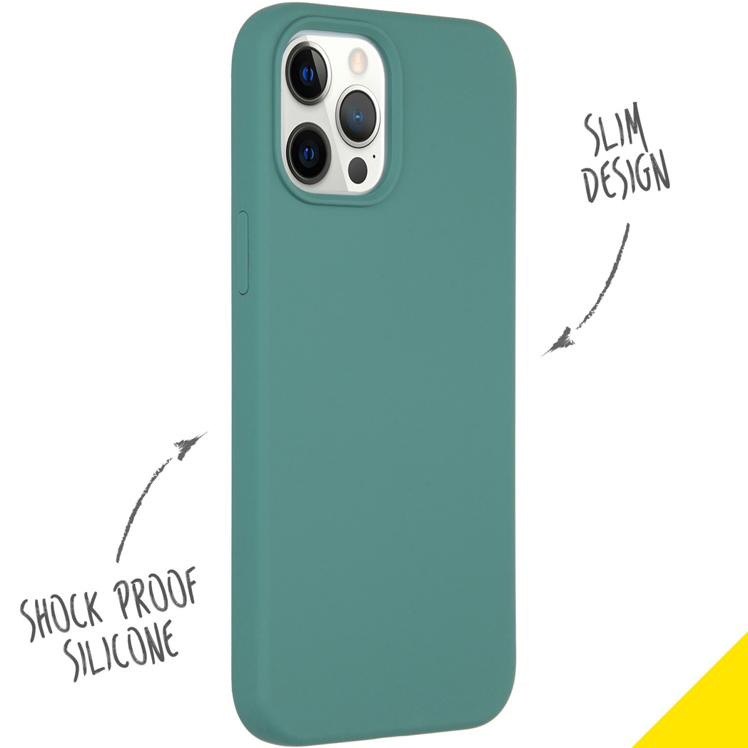Coque de téléphone bleu-vert avec le texte 'Shock Proof Silicone' et 'Slim Design' avec des flèches.