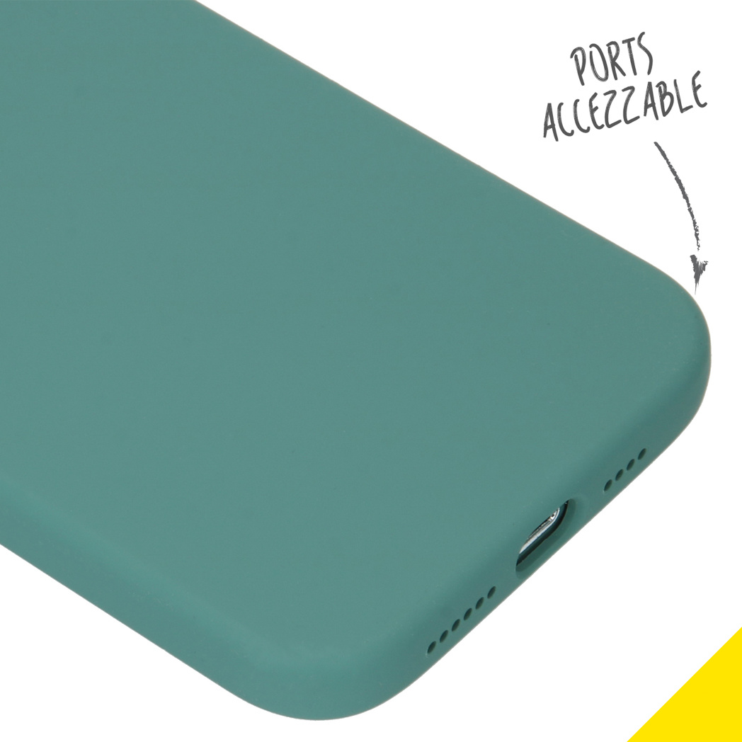 Coque de téléphone verte avec ports accessibles. Fond blanc et accent jaune.