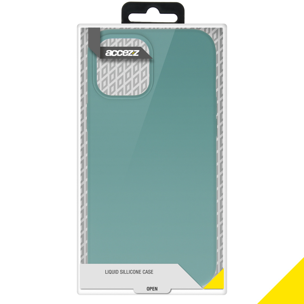 Une coque de téléphone de couleur sarcelle dans une boîte transparente. La coque est présentée sur fond blanc.