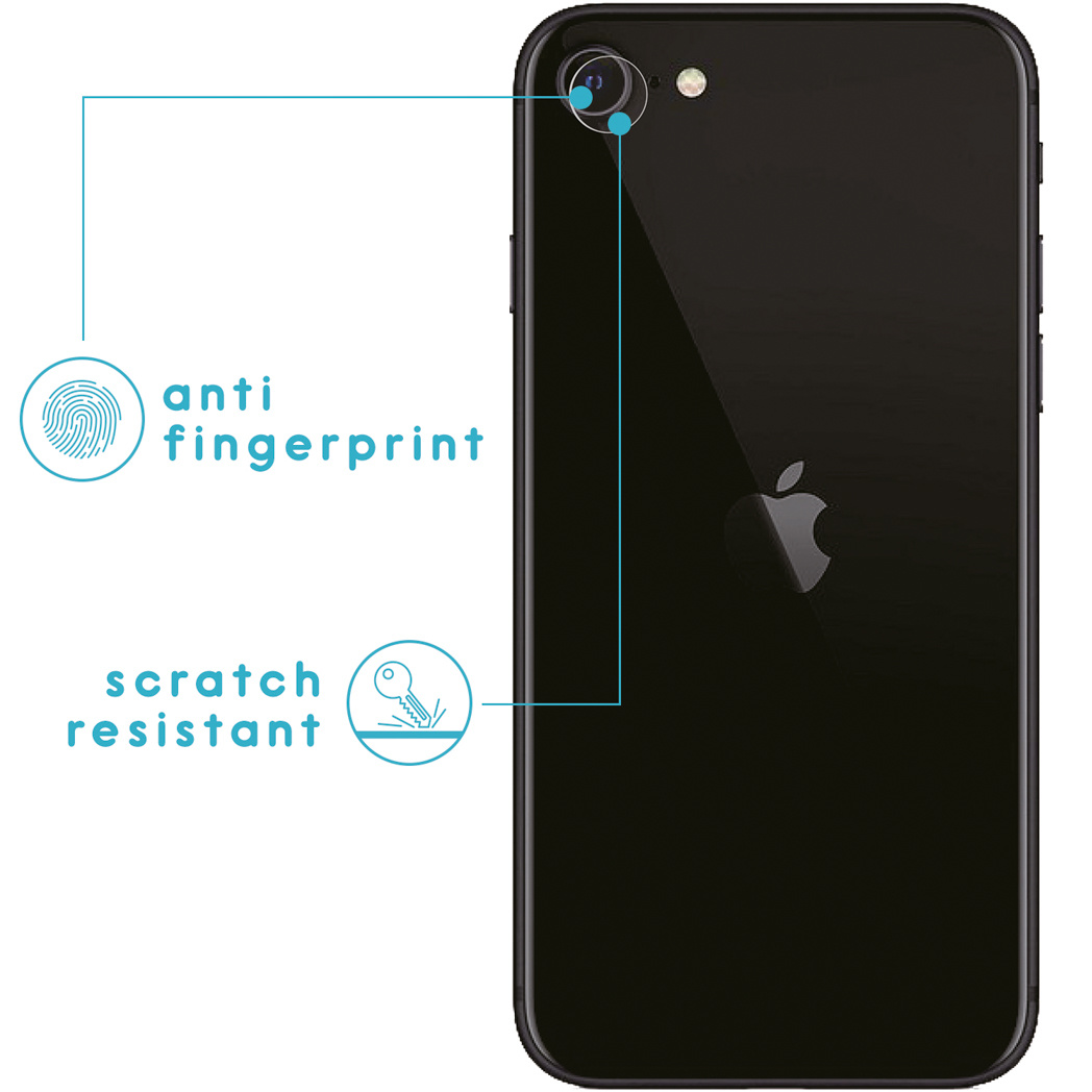 Téléphone noir, vue arrière. Texte : Anti-traces de doigts, résistant aux rayures.