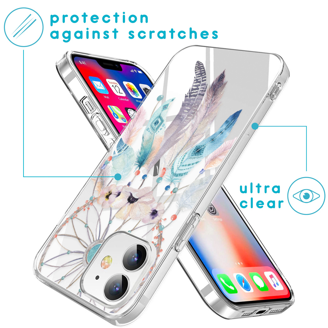 Custodia trasparente con design di piume e un telefono.