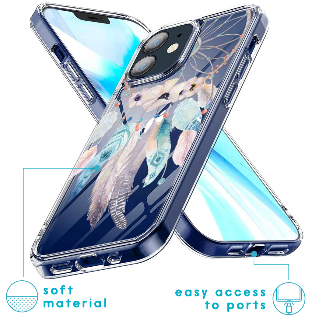 Custodia per telefono con design acchiappasogni. Custodia blu e trasparente, piume visualizzate, materiale morbido etichettato.