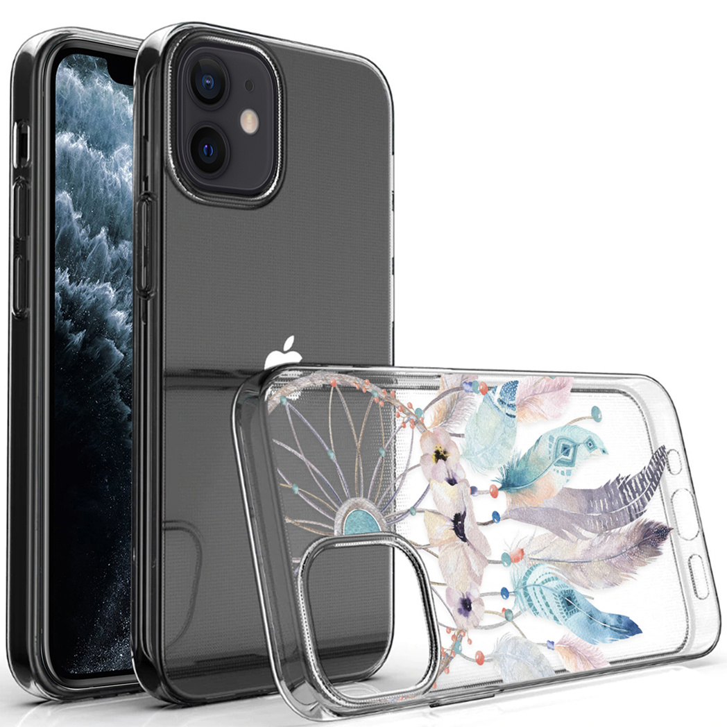 Un telefono con una custodia trasparente con un design floreale. Il telefono è su sfondo bianco.