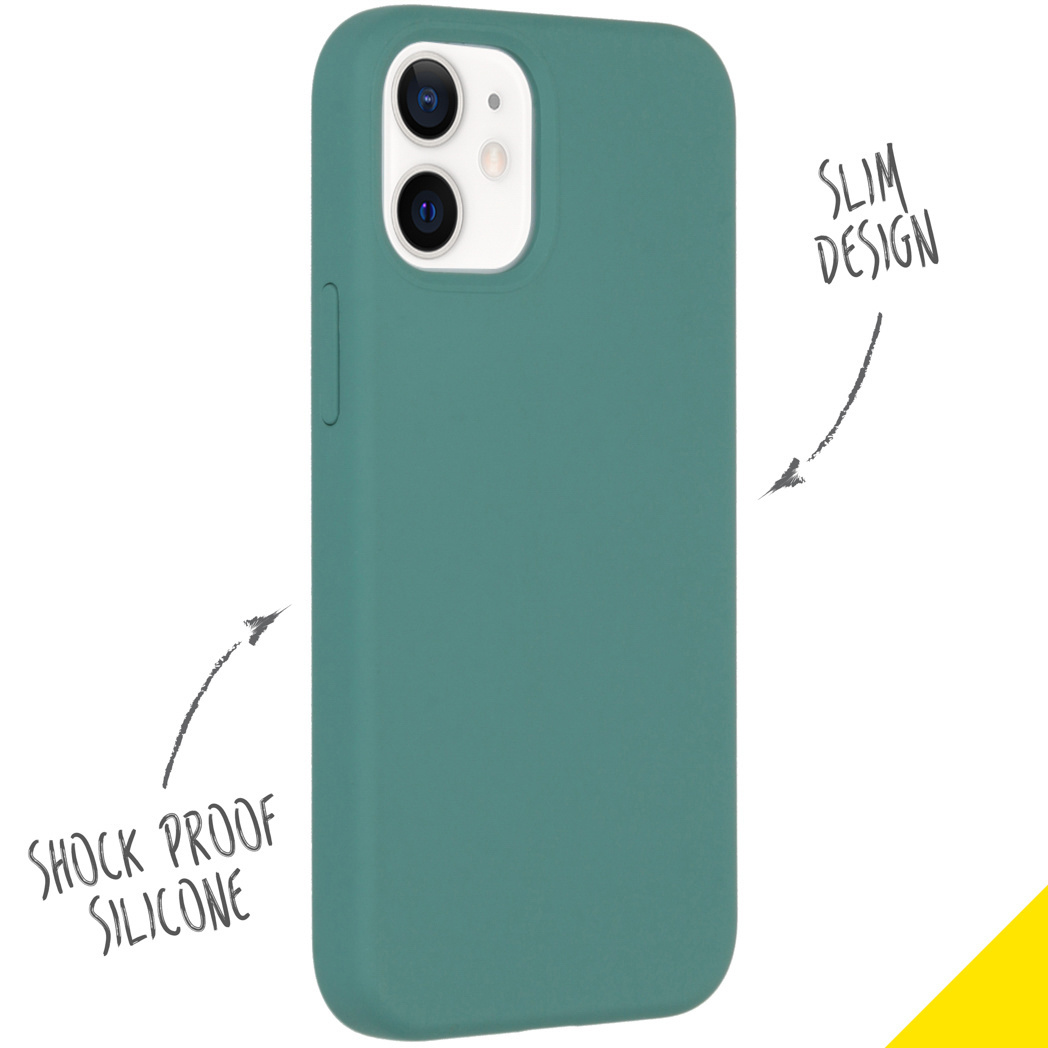 Green phone case with text: Shock proof silicone and slim design.
