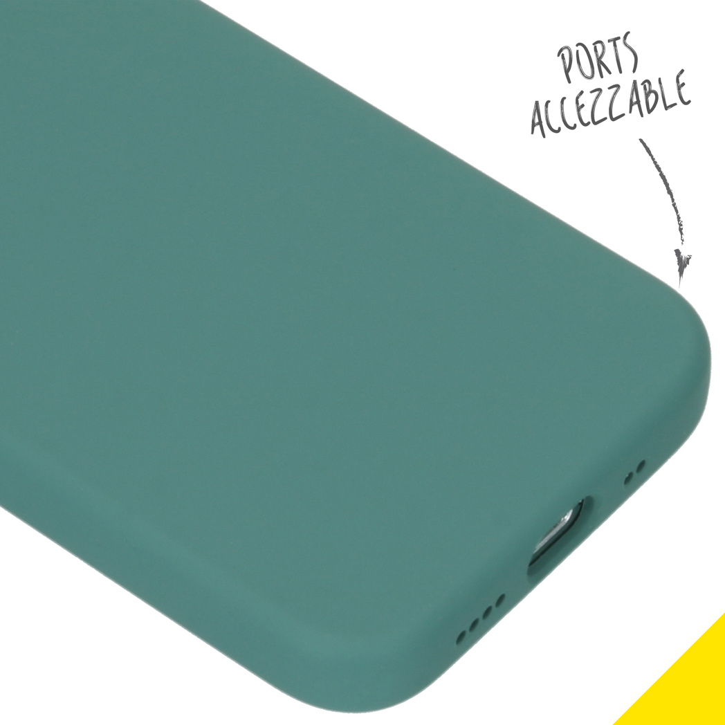 Green phone case with port access points labeled on the side.