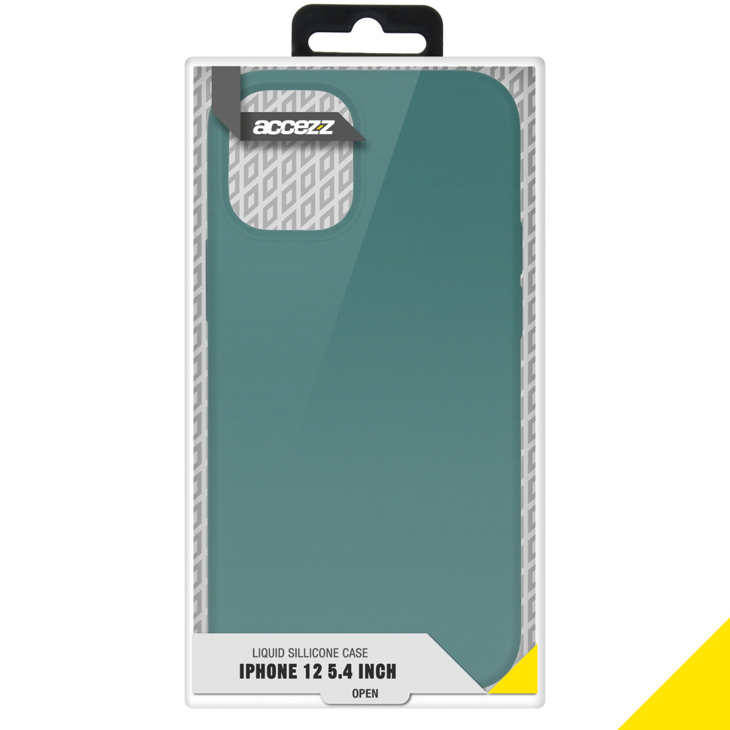 Teal iPhone 12 5.4 inch liquid silicone case in a package with the Acczz logo.