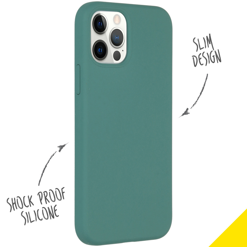 Een groen telefoonhoesje met de woorden "Shock Proof Silicone" en "Slim Design" op een witte achtergrond.