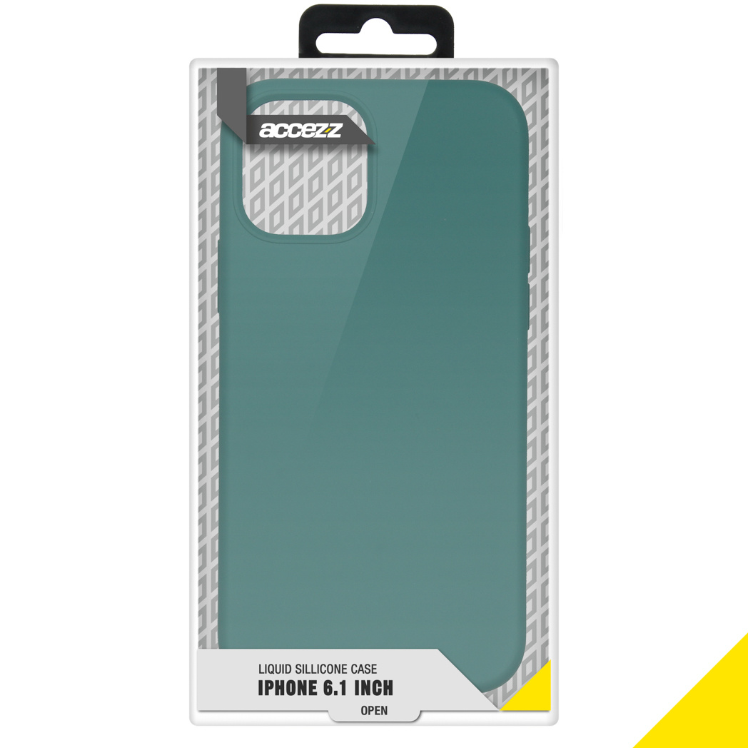 Blauwgroene telefoonhoes in een doorzichtige doos. Merknaam is 'accezz' linksboven.