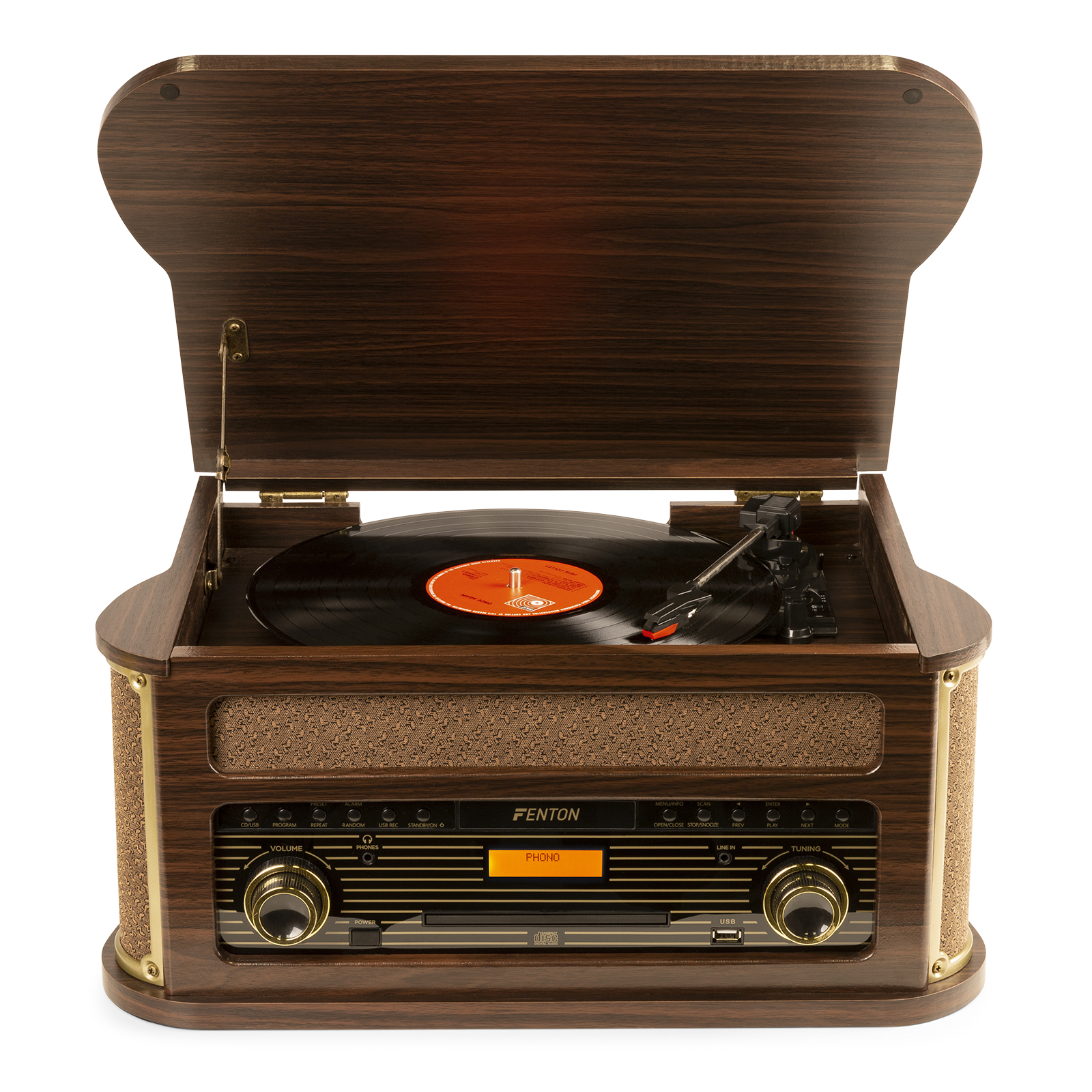 Un tocadiscos de madera con la tapa abierta, mostrando un disco. Tiene detalles dorados y una pantalla digital.