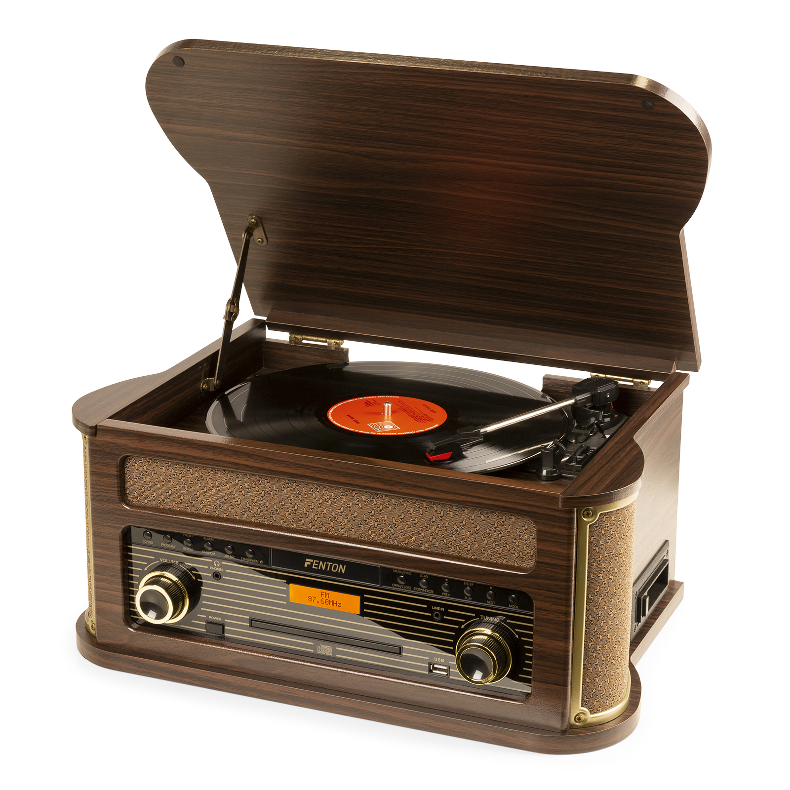 Un tocadiscos de madera oscura con detalles dorados. La tapa está abierta y un disco está sonando.