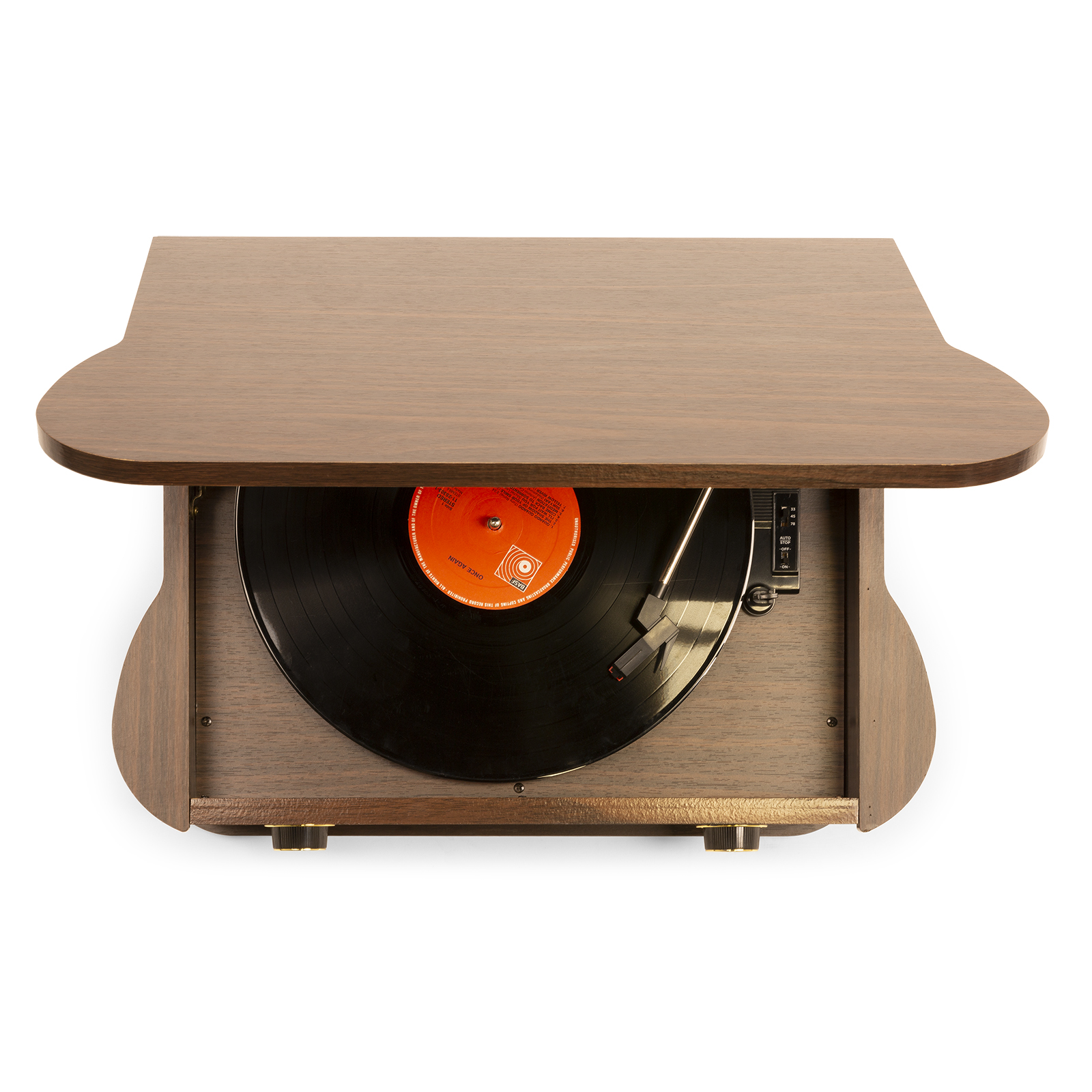 Un tocadiscos con un disco encima. La tapa está abierta.