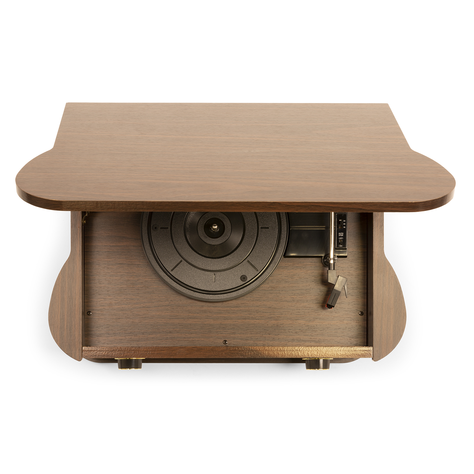 Un tocadiscos de madera con la tapa cerrada. La parte superior es marrón oscuro y la base es marrón más claro.