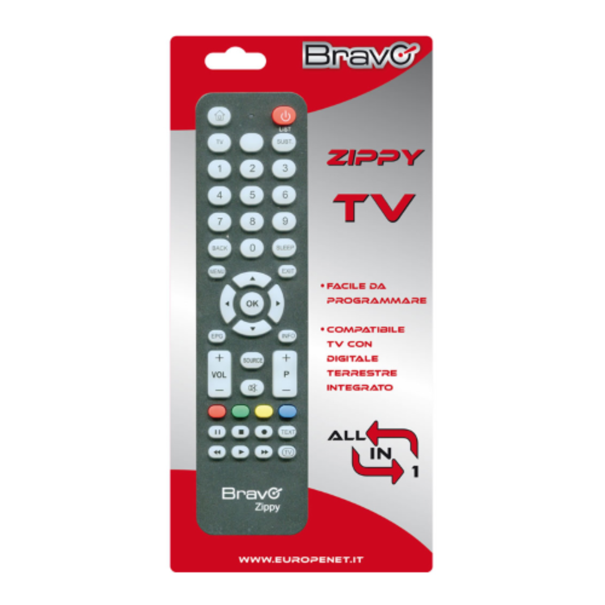 Telecomando Bravo Zippy TV in una confezione rossa e bianca.