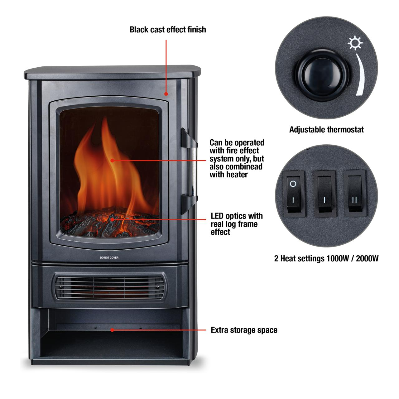 Een zwarte elektrische haard met vlameffect en instelbare thermostaat. Hij heeft twee warmtestanden.