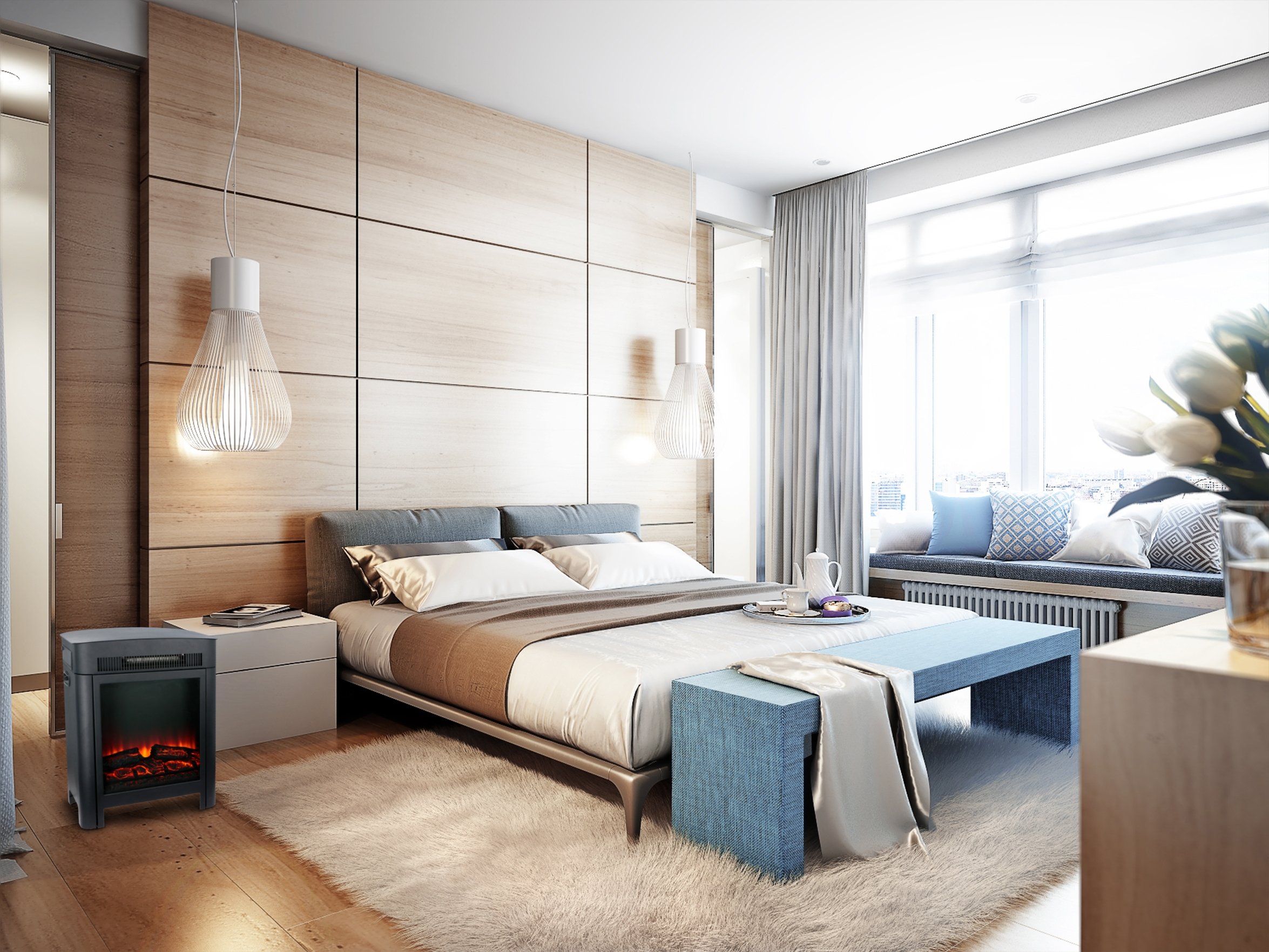 Slaapkamer met open haard, bed, bank en raam. Houten wand en wit tapijt.