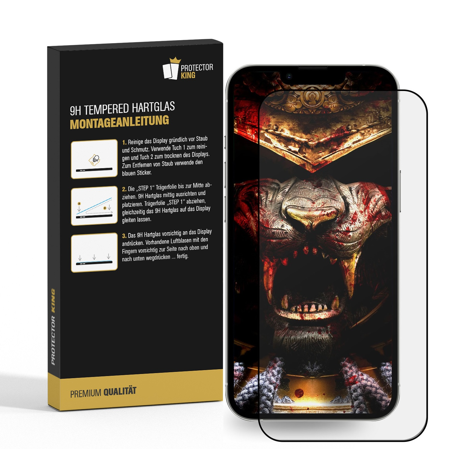 Displayschutz mit Anweisungen und Telefon mit Displayschutz.