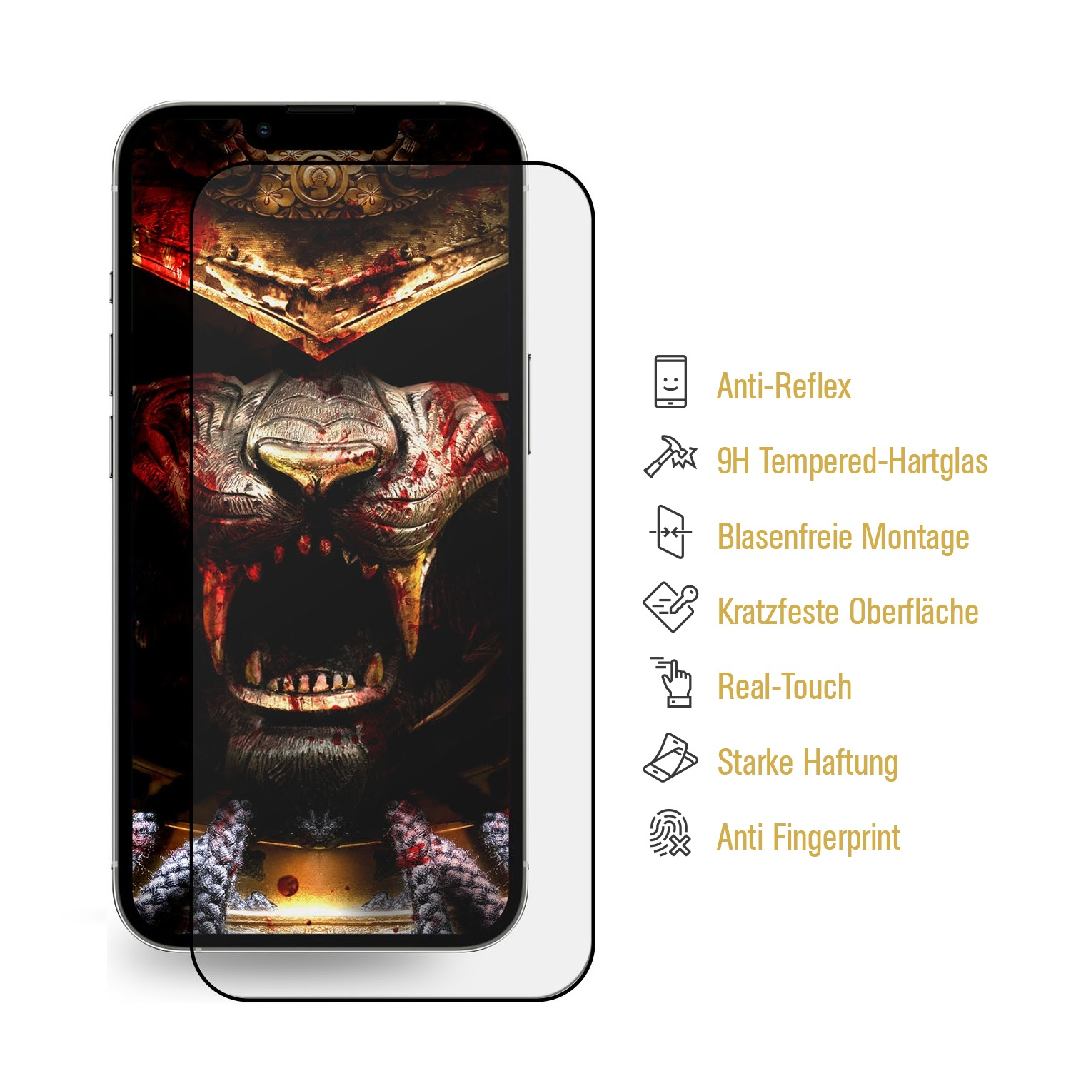 Ein Telefon mit Schutzfolie, die einen Löwenkopf zeigt, mit Symbolen für Anti-Reflex, Kratzfestigkeit und mehr.