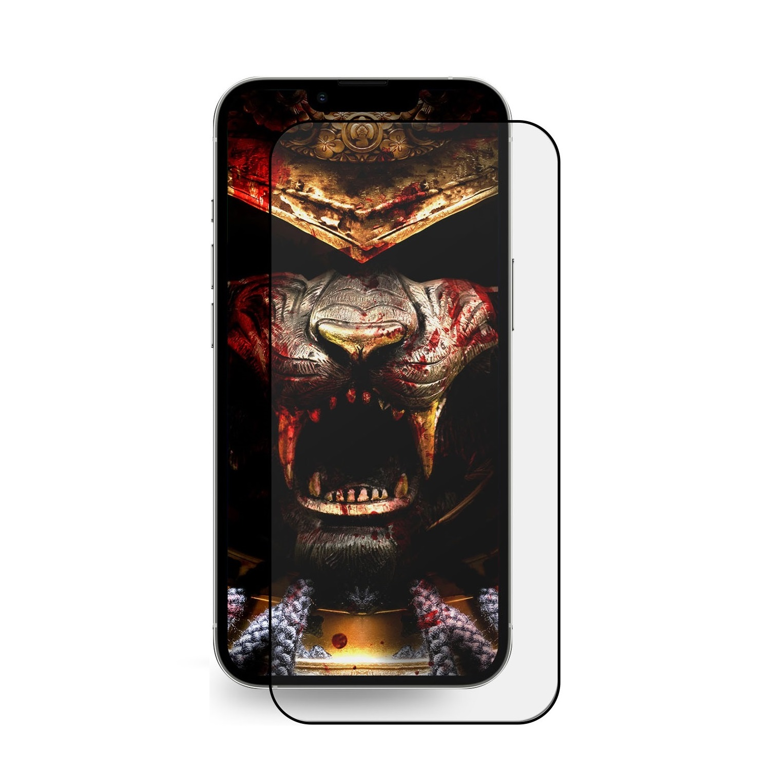 Telefonbildschirm mit Kriegerbild und Displayschutz. Weißer Hintergrund.
