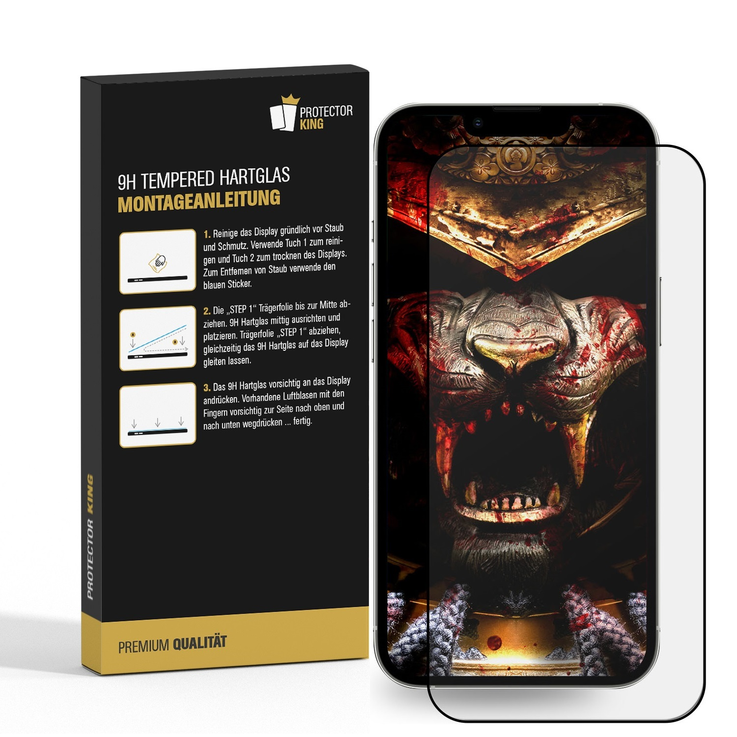 Telefon mit Displayschutzfolie und Box. Anweisungen und Details stehen auf der Displayschutzfolienbox.