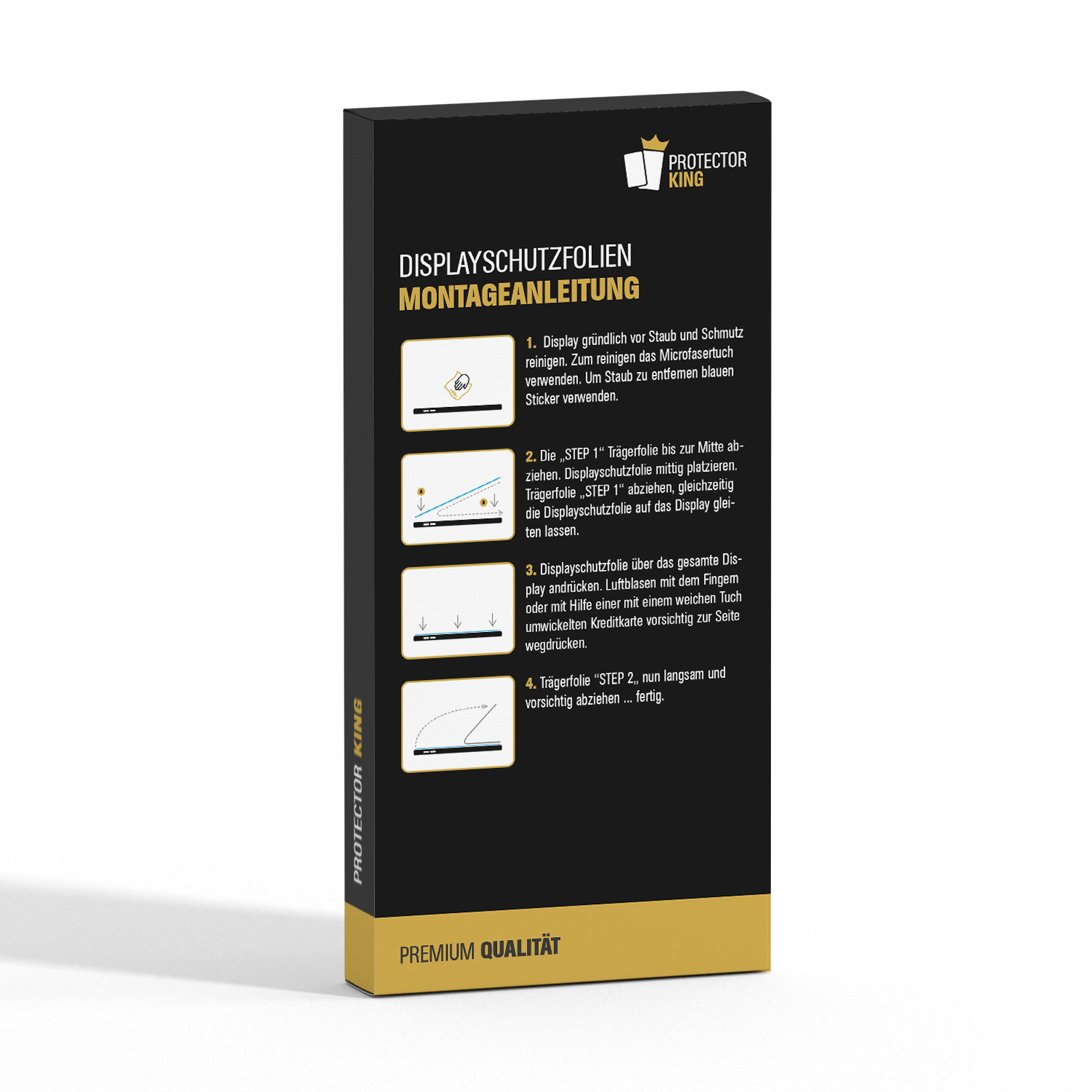 Verpackung mit Installationsanweisungen für eine Displayschutzfolie, mit Diagrammen und Text.