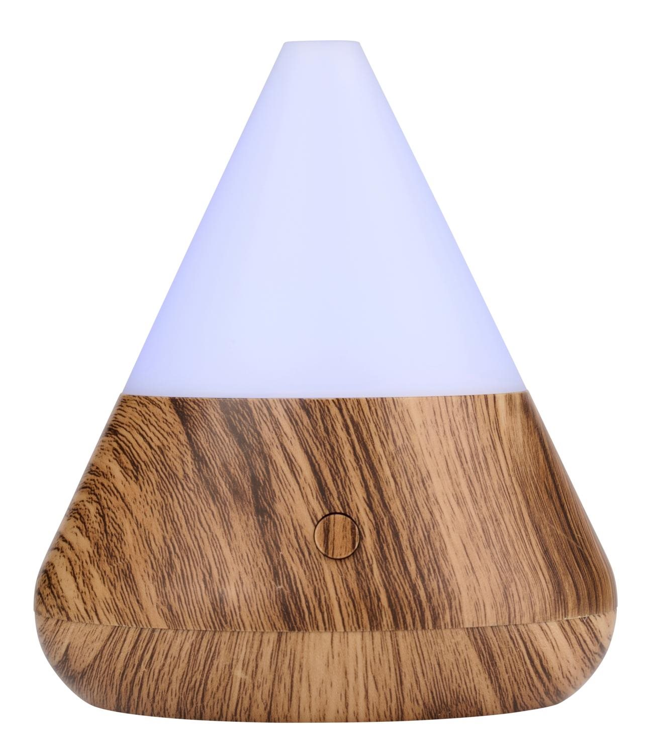 A diffuser, wooden base with a white cone top with a light inside. White background.