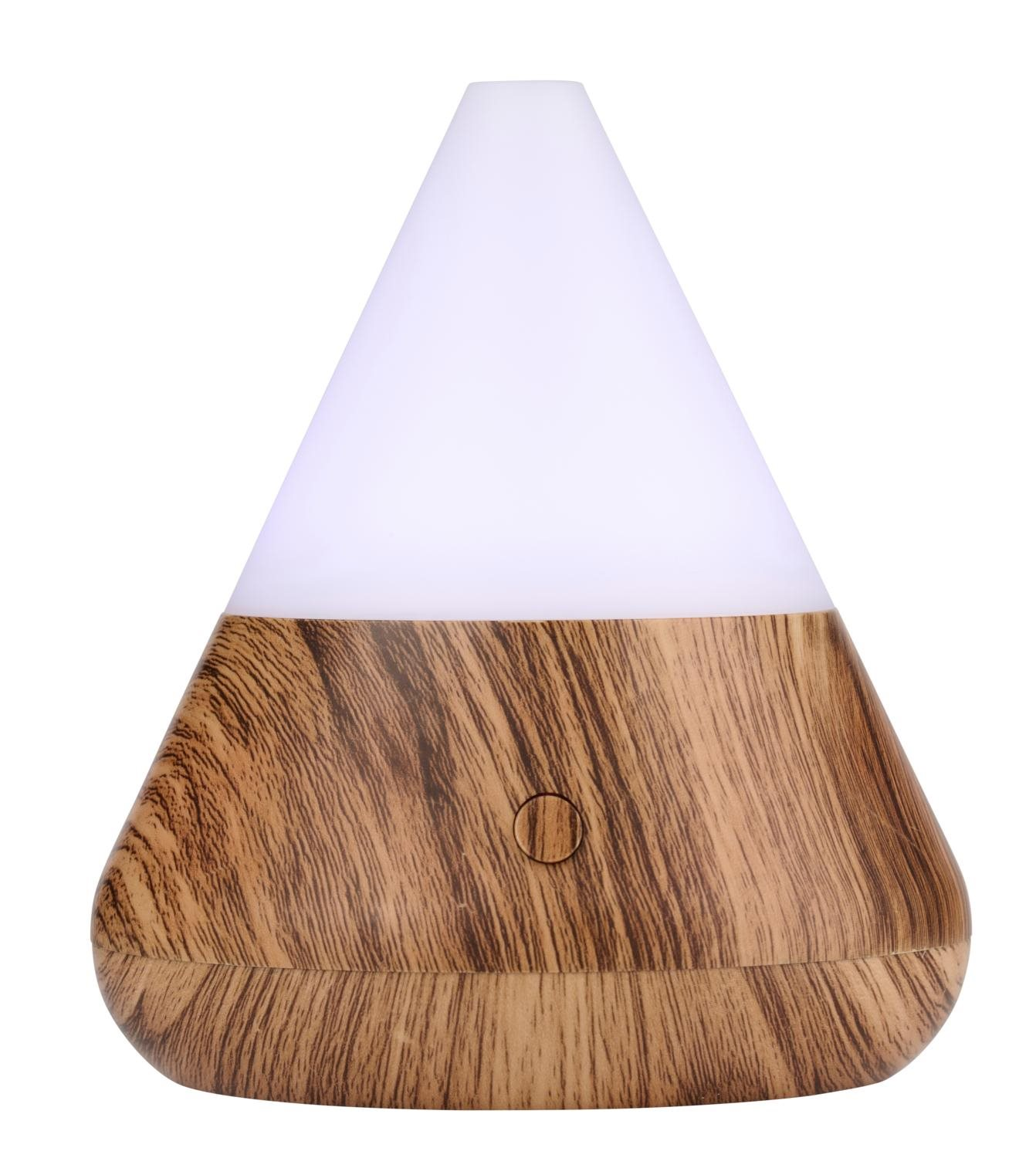 A wood grain patterned aromatherapy diffuser with a white conical top.