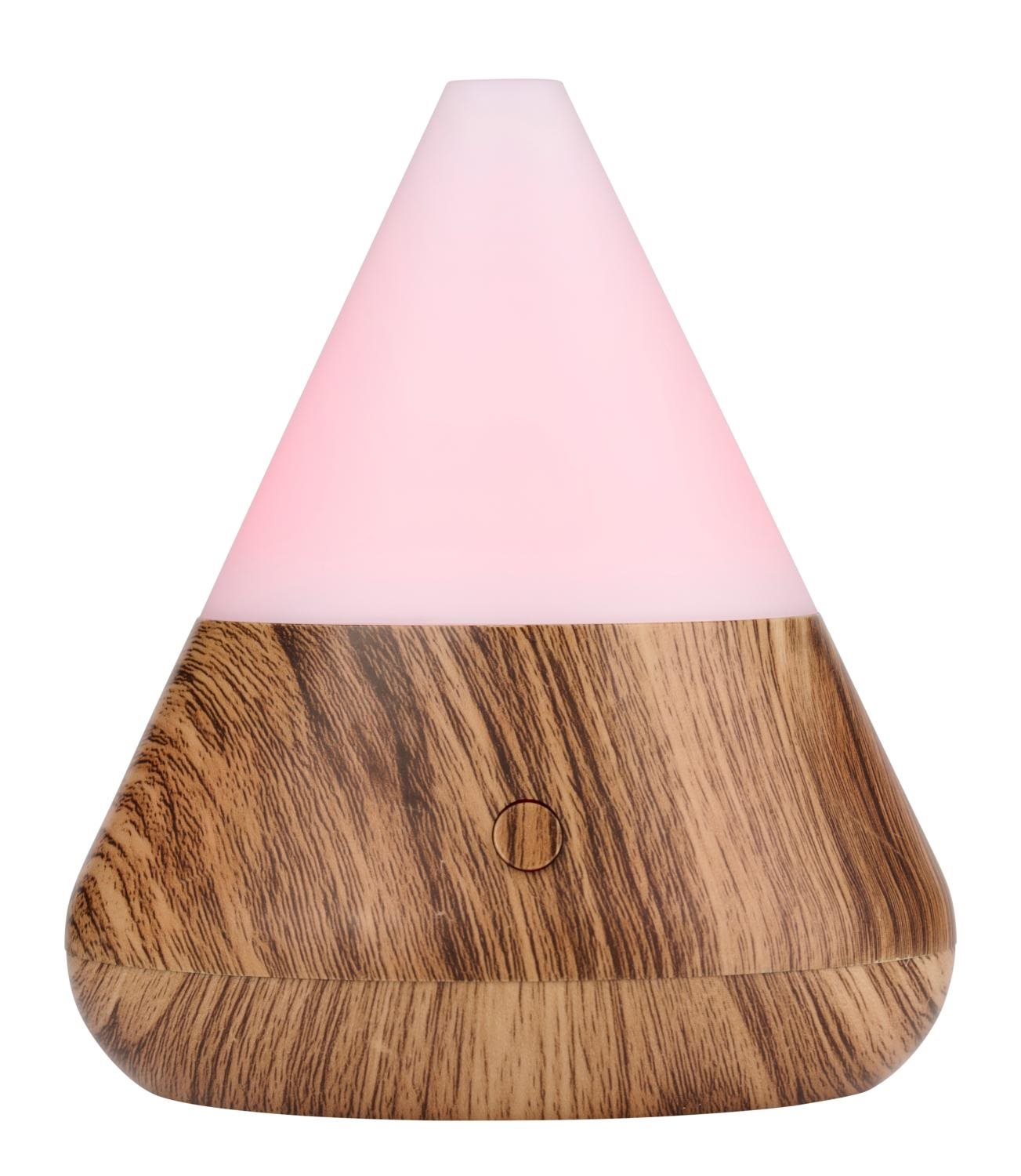 An aroma diffuser with a wood-grain base and a pink top. It has a button on the front.