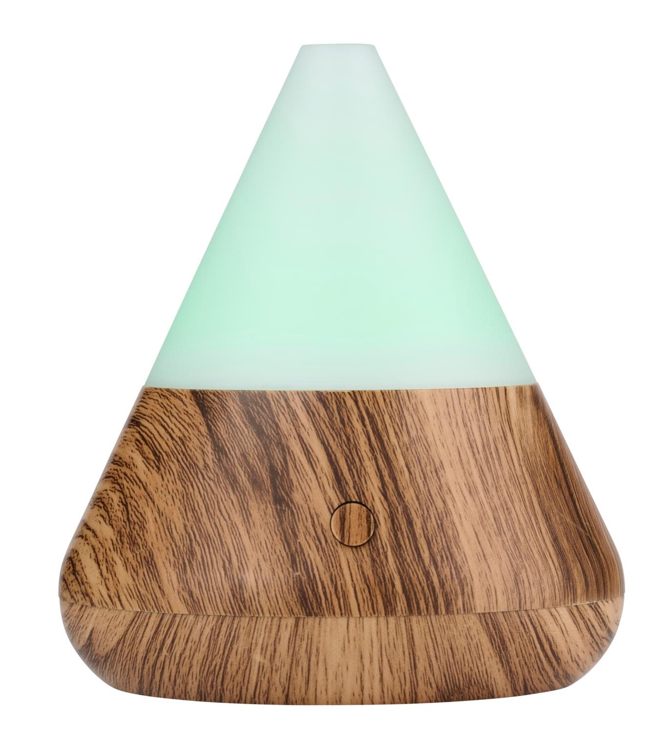 A wood-grain patterned aromatherapy diffuser with a light-green glowing top. It has a button in the middle.