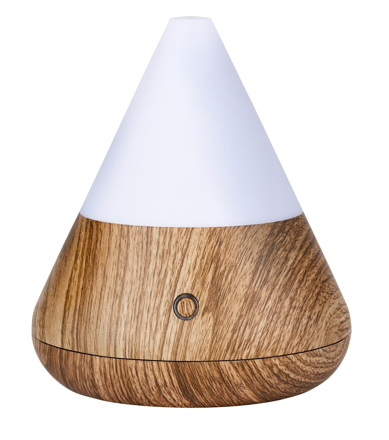 A diffuser with a wooden pattern base and a white cone top.