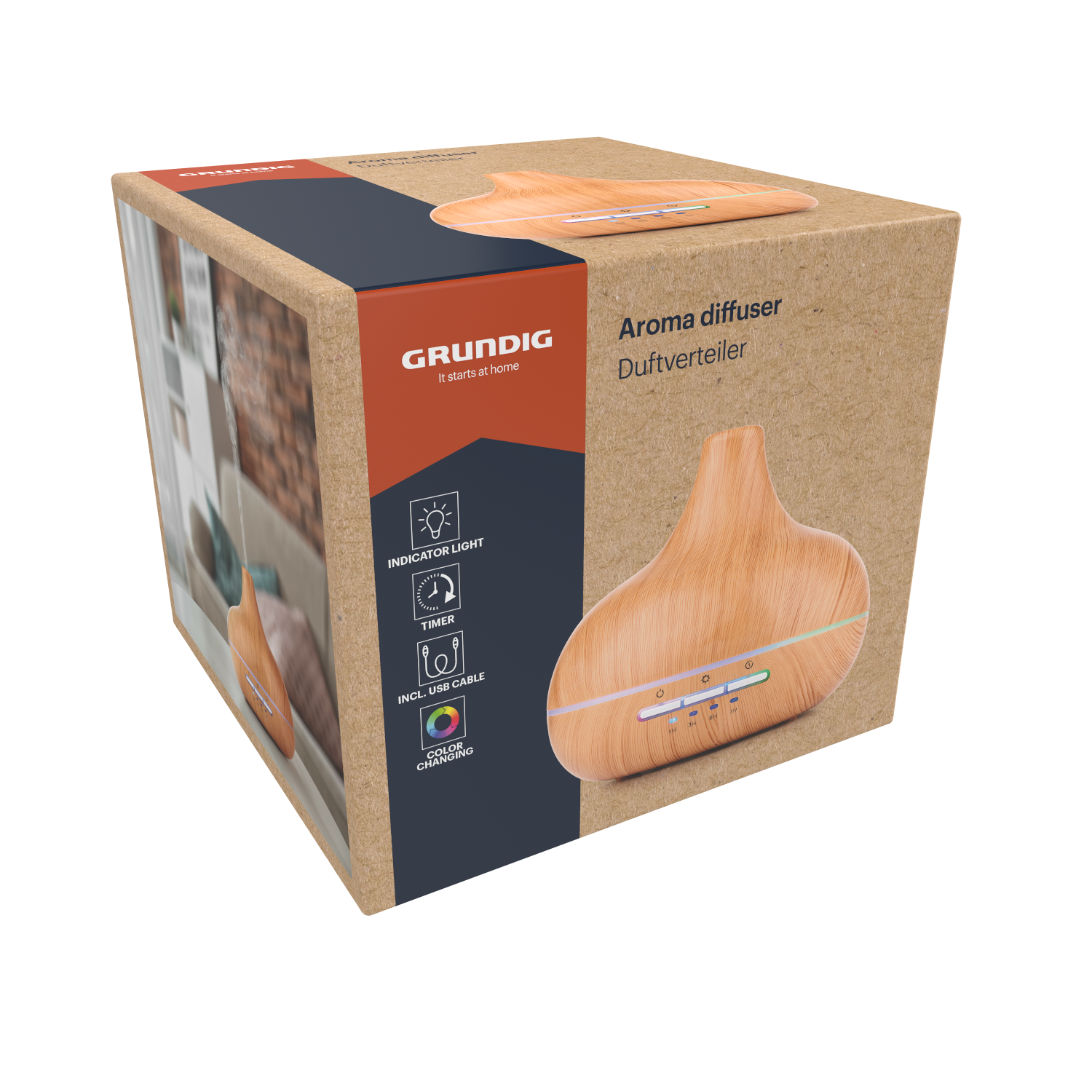 Box with aroma diffuser. The box features images of the diffuser and its functions, with text in German.