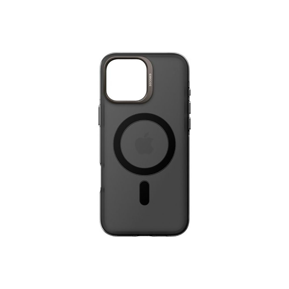 Una custodia per telefono nera con un ritaglio per la fotocamera e un cerchio MagSafe. Logo Apple visibile.