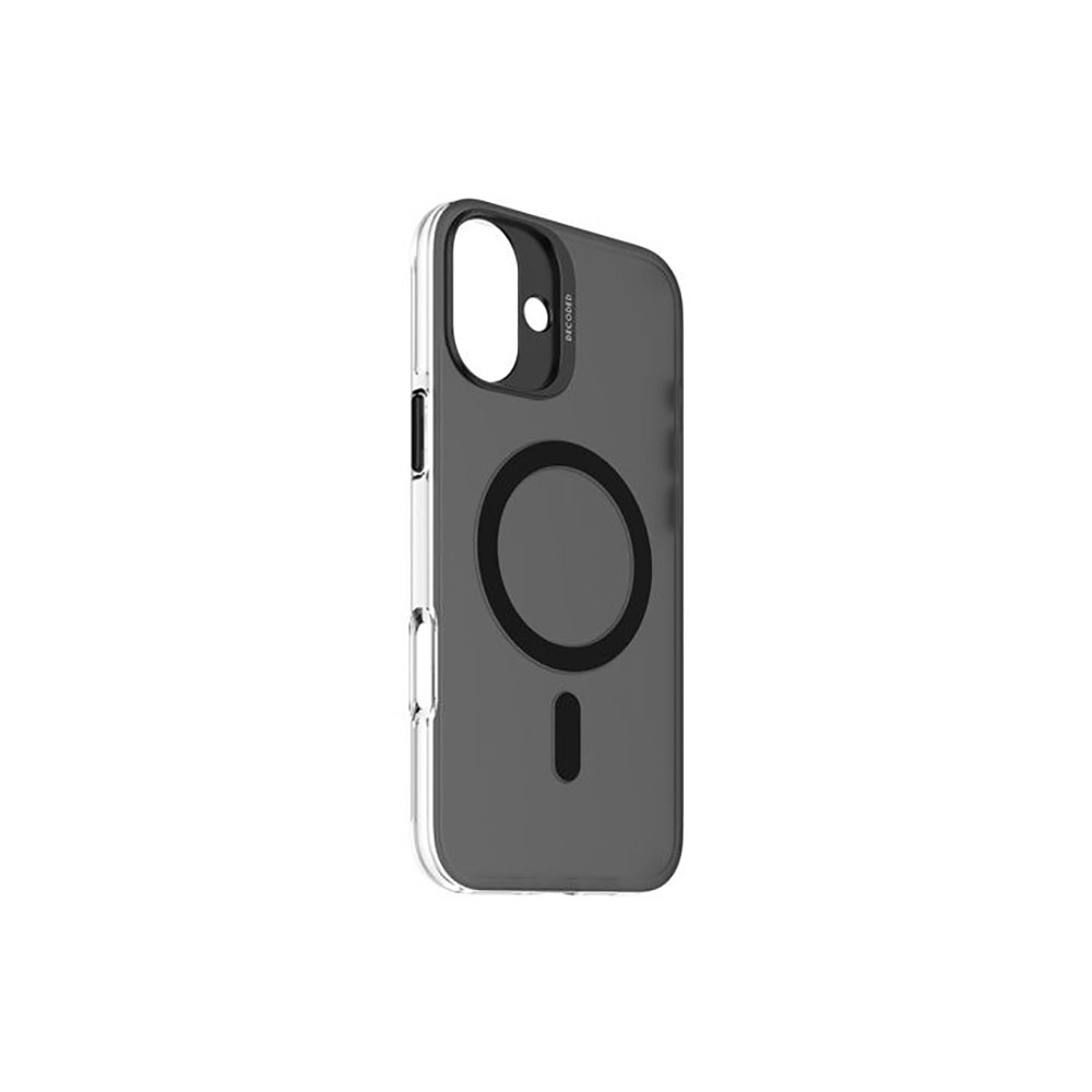Custodia trasparente per telefono con anello MagSafe nero e ritaglio per fotocamera. La custodia è trasparente.