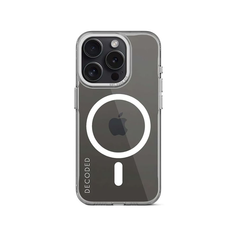 Custodia per iPhone con retro trasparente e cerchio magnetico con logo Apple. La parola "DECODED" è visibile.