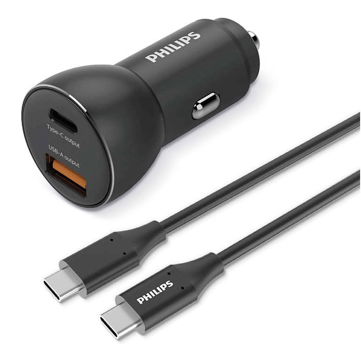 Zwarte Philips autolader met Type-C en USB-A uitgangen, plus een zwarte kabel met twee Type-C uiteinden.