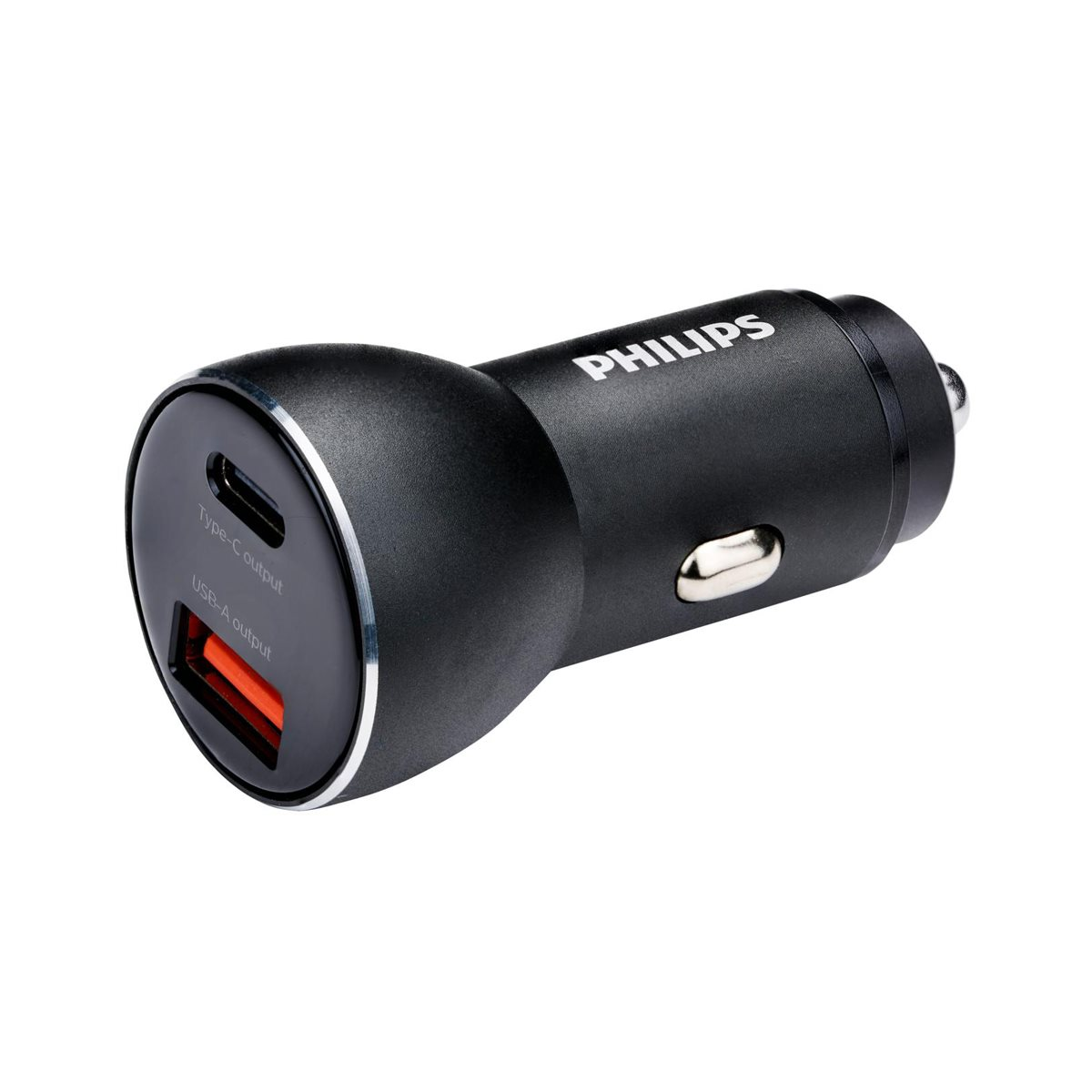 Een zwarte autolader met een USB-A en een Type-C uitgang. Philips logo op de lader.