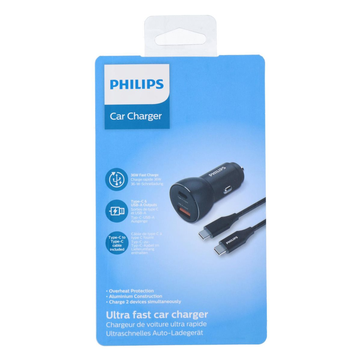Verpakking Philips autolader met productdetails en Type-C kabel inbegrepen.