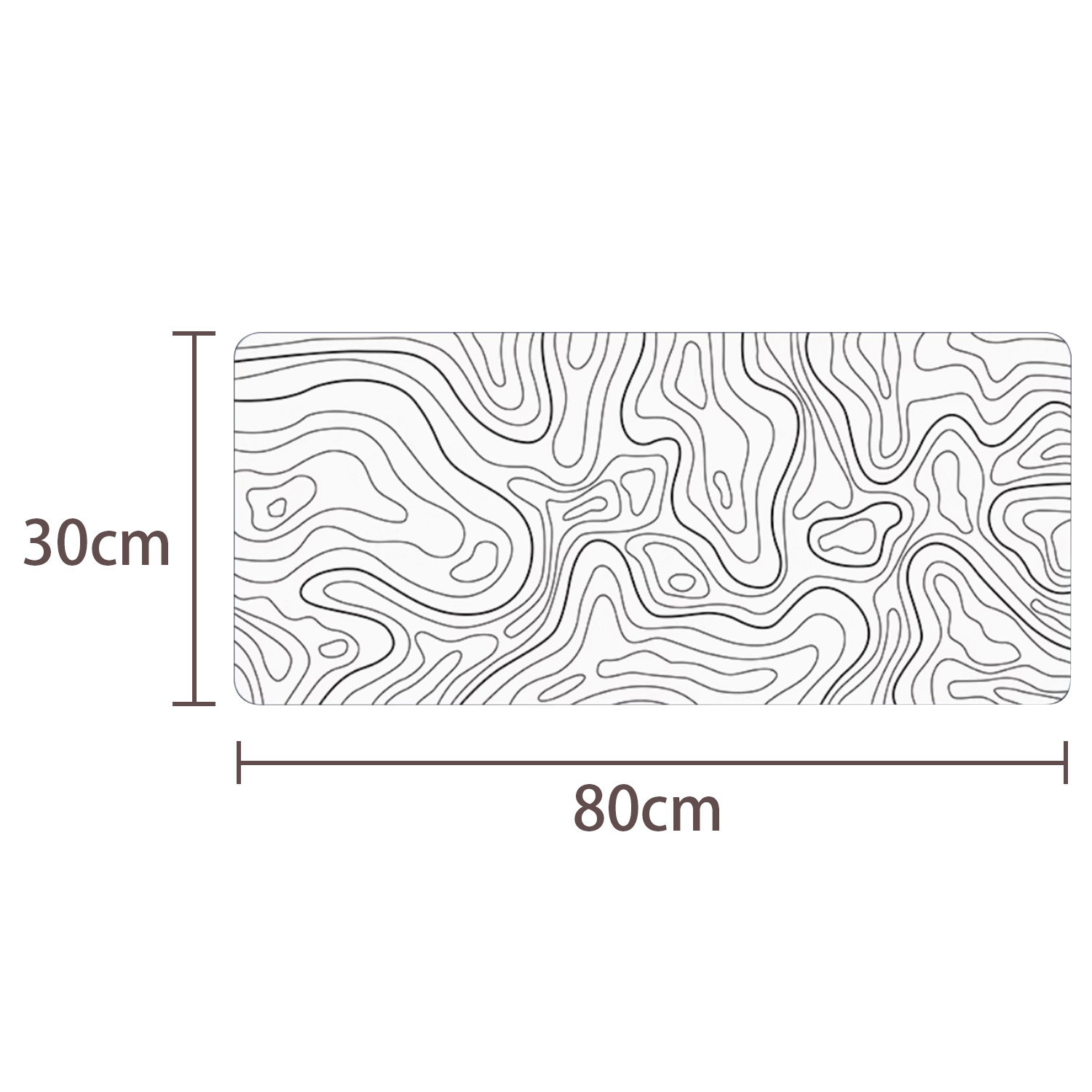 Tapis de souris avec des lignes de contour. Les dimensions sont de 30 cm x 80 cm. Fond blanc.