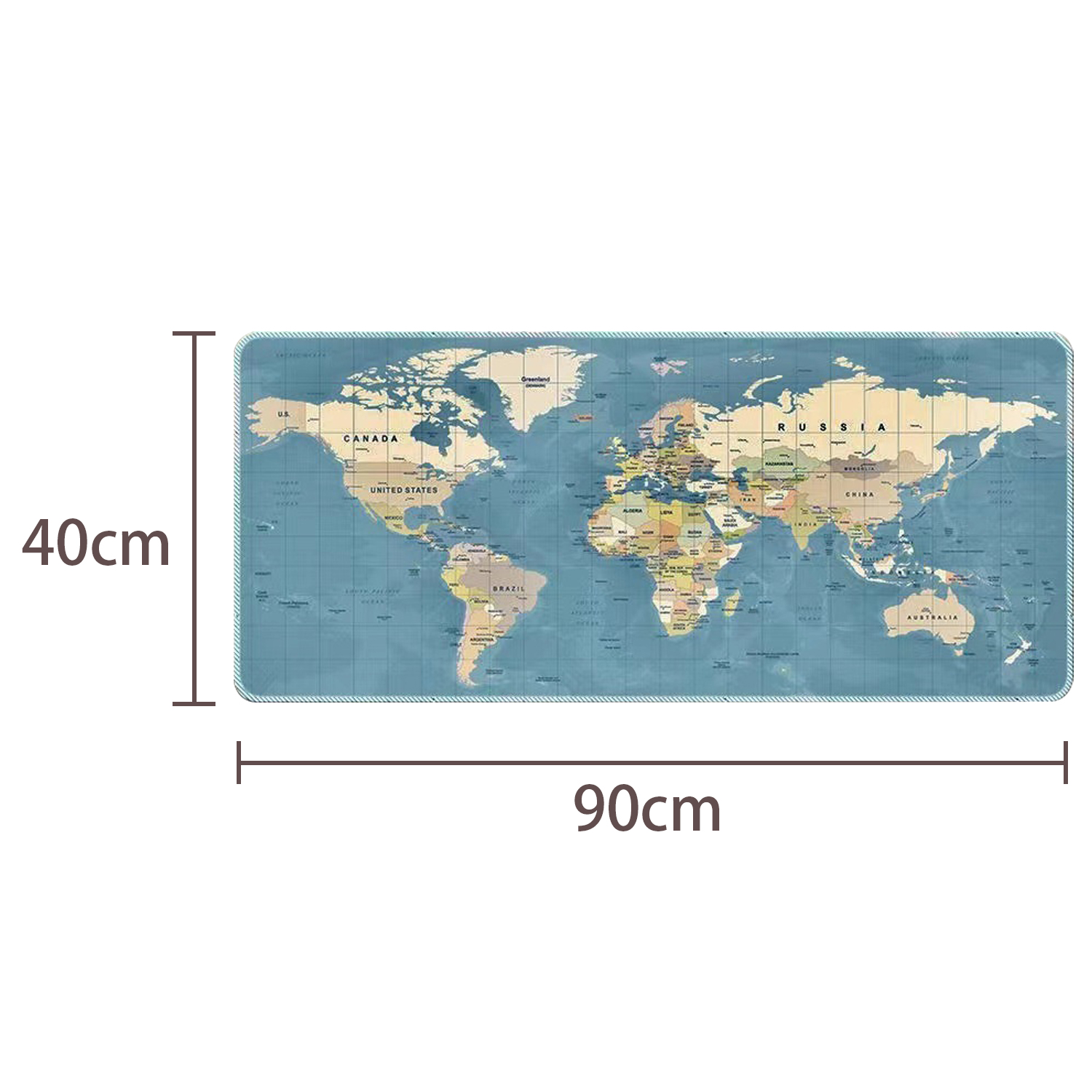 Carte du monde sur un tapis de souris. Fond bleu avec mesures: 40cm x 90cm.