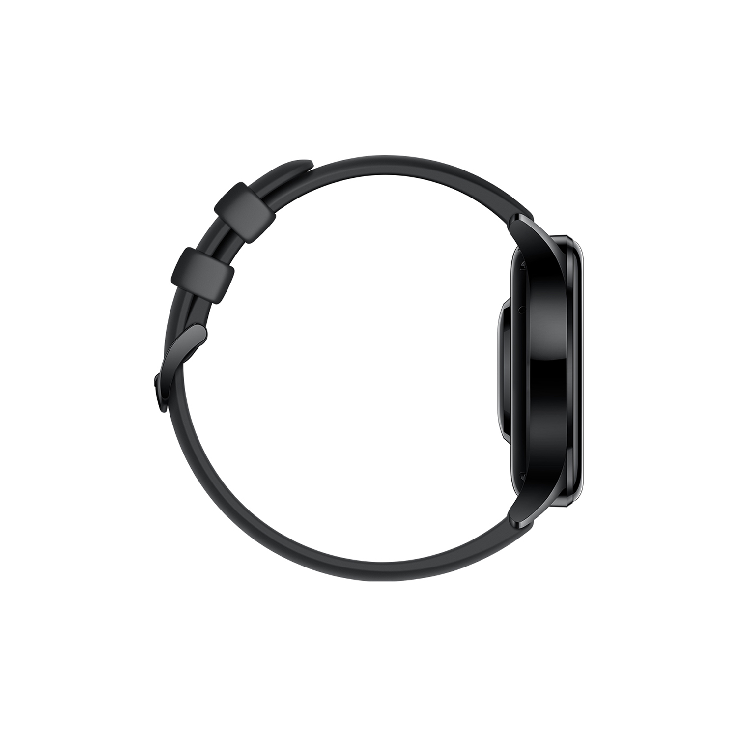 Schwarze Smartwatch mit schwarzem Armband, von der Seite betrachtet.