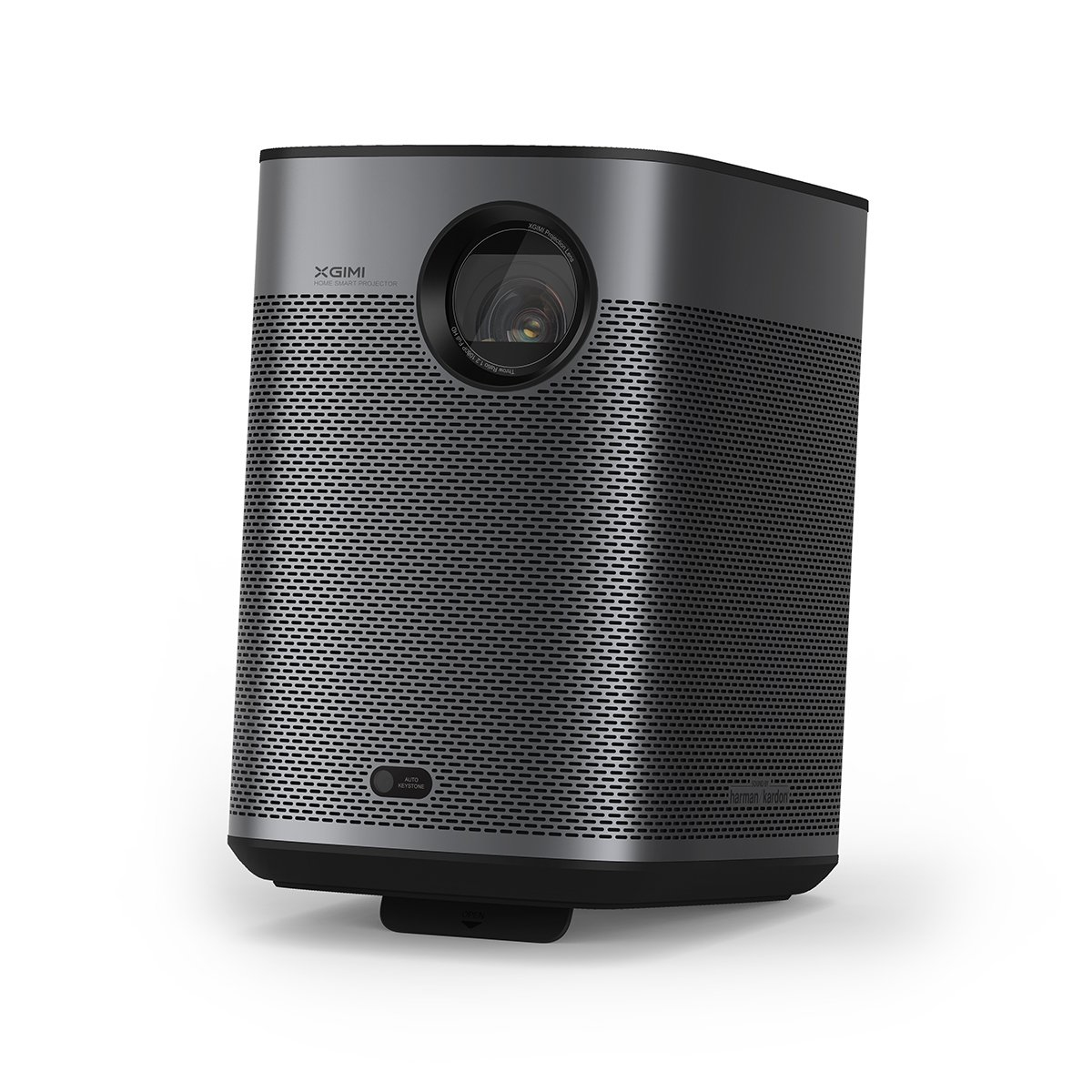 Un proyector gris oscuro con lente, ventilación lateral y base negra.