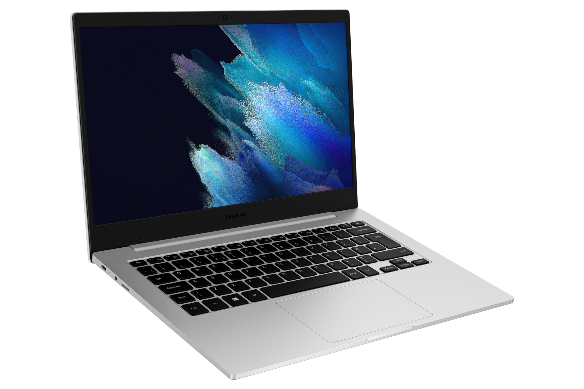 Silbernes Laptop mit geöffnetem Bildschirm, Tastatur und Touchpad, isoliert auf weißem Hintergrund.