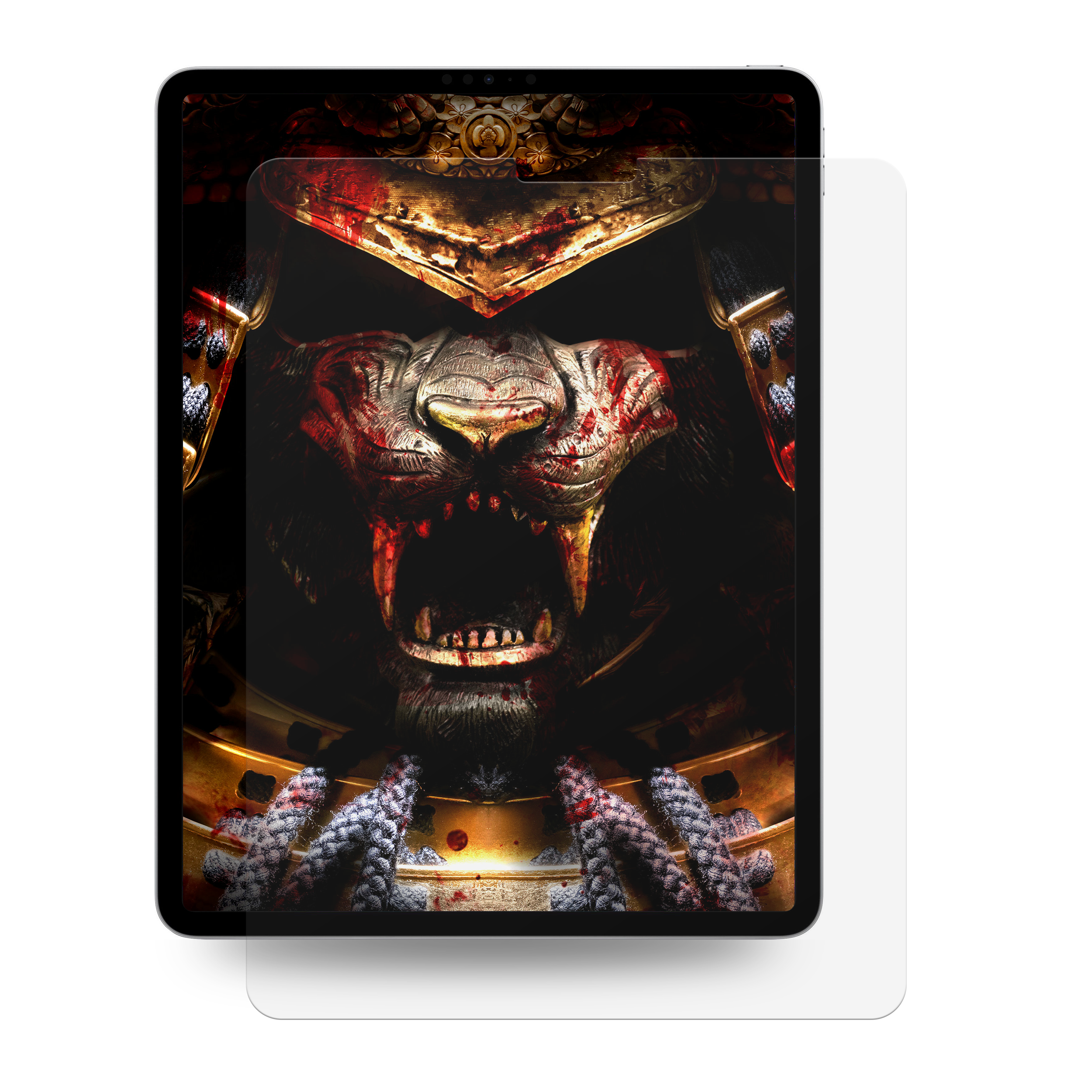 Tablet mit angebrachter Displayschutzfolie, Monsterbild.