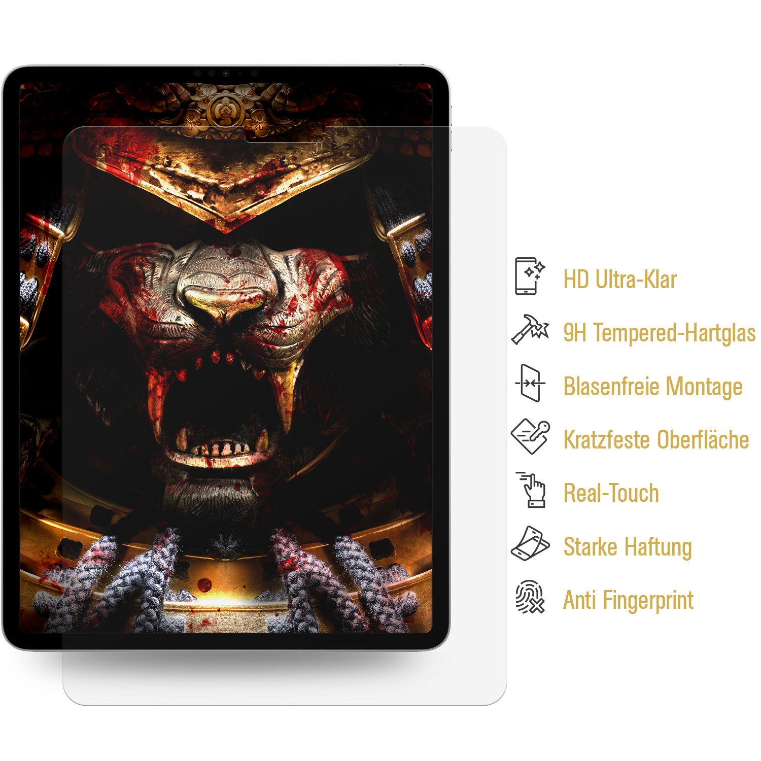 Ein Tablet-Displayschutz mit einem Samurai-Bild. Der Text beschreibt Funktionen wie HD-Klarheit und Kratzfestigkeit.