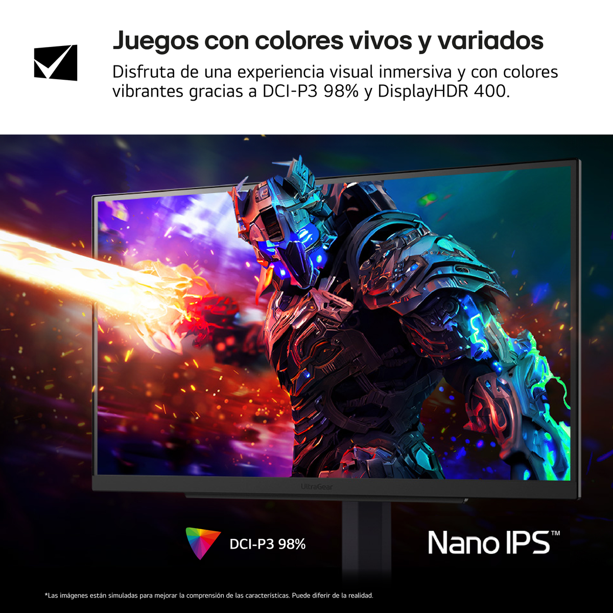 Monitor do gier wyświetla scenę z gry. Tekst i grafika podkreślają DCI-P3 98% i Nano IPS.