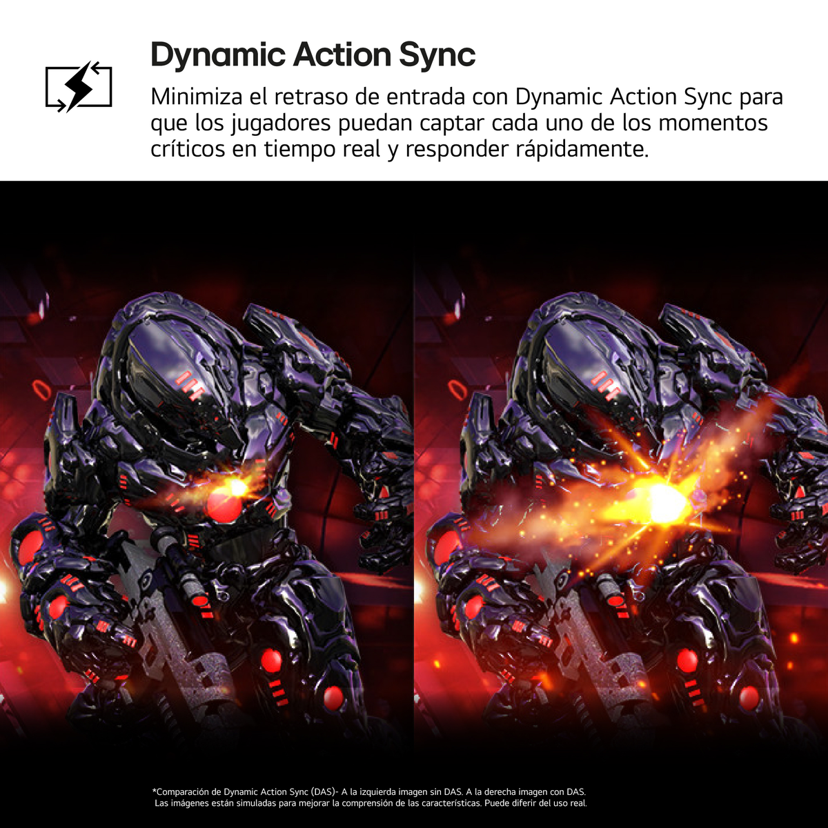 Dwa roboty w zbrojach z czerwonymi światłami. Jeden pokazuje porównanie Dynamic Action Sync.