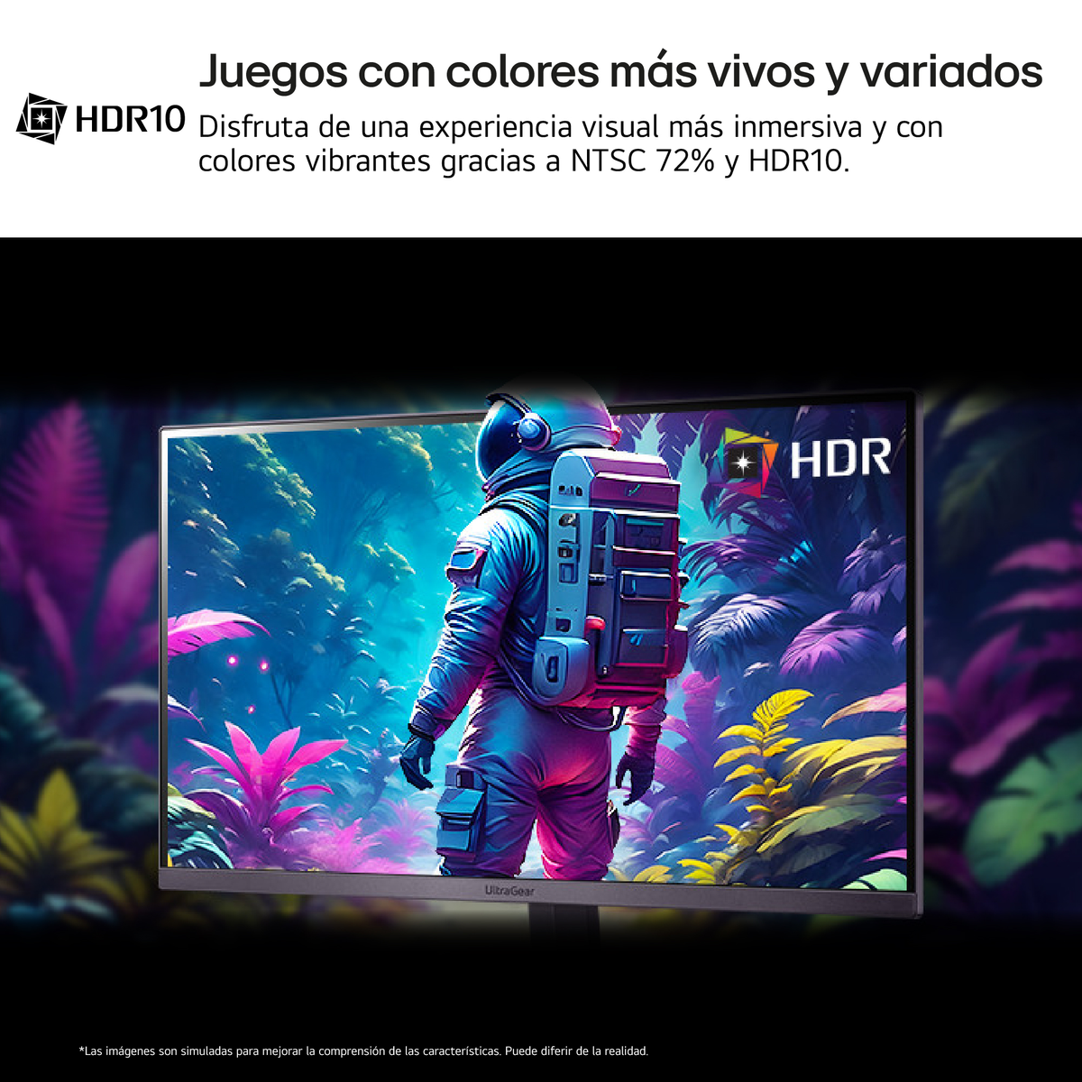 Astronauta na ekranie wyświetlającym kolorowe rośliny, tekst HDR i tekst promocyjny.