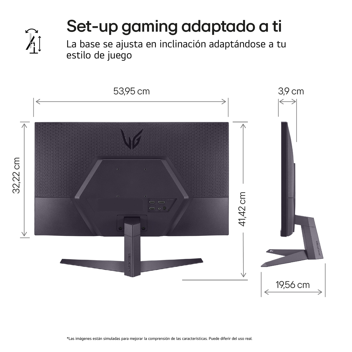 Schemat monitora pokazujący wymiary w cm. Monitor jest czarny ze stojakiem. Tekst jest w języku hiszpańskim.