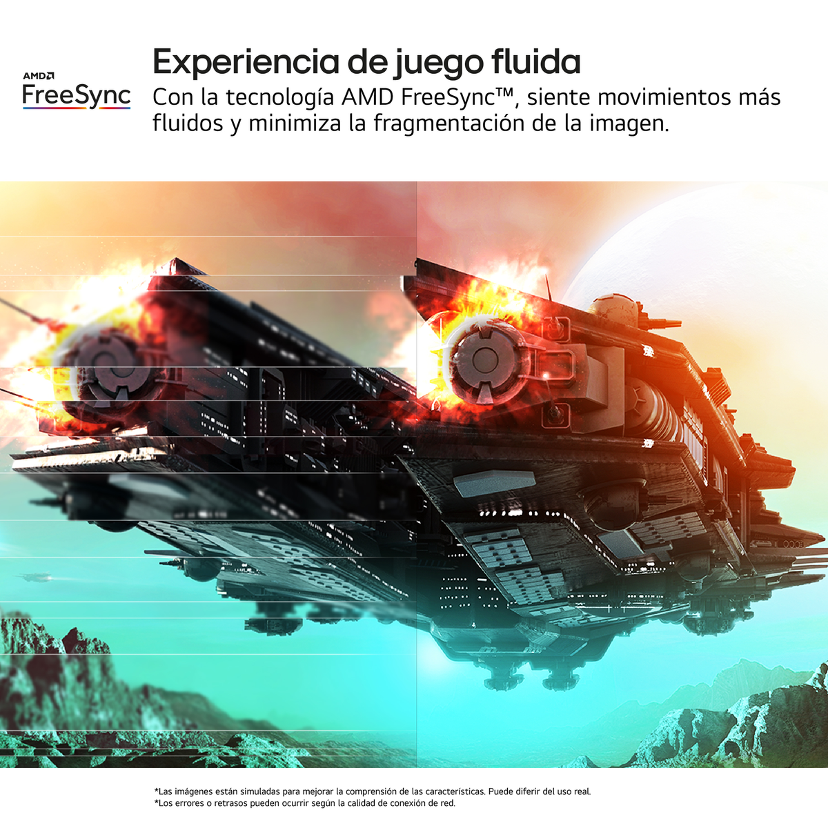 Futurystyczny statek kosmiczny w kosmosie z opisem technologii AMD FreeSync.