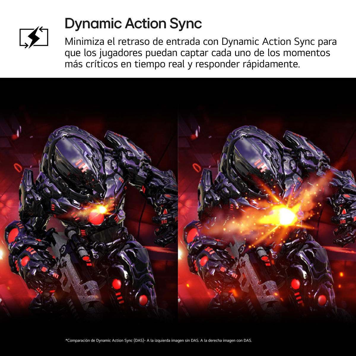 Grafika przedstawiająca dwa obrazy porównujące Dynamic Action Sync, z futurystyczną sceną walki.
