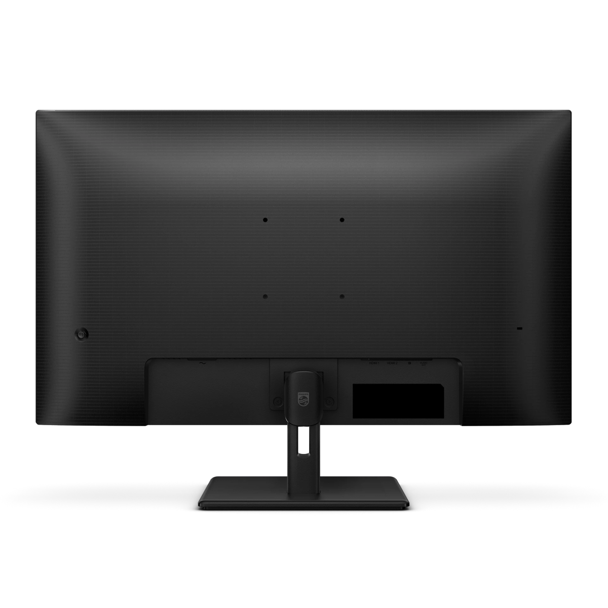 Tył czarnego monitora komputerowego. Posiada podstawę, porty i logo w dolnej części środkowej.